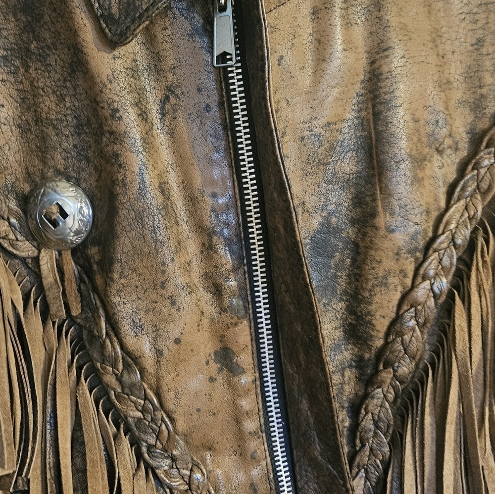 Vintage Western Fringe Real Leather Jacket Brown Distressed Boho Biker Cowgirl - Picture 14 of 16